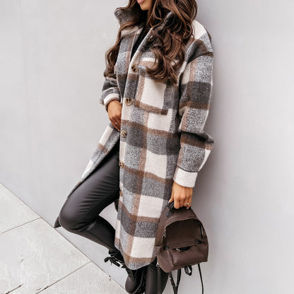 Autumn Winter Long Single Breasted Collared Shacket Woolen Coat - Wanita Store