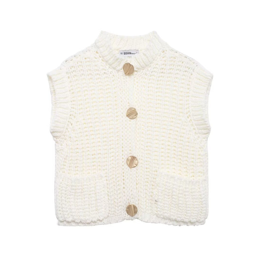 Sweater Spring Festival Stickers Bags Gold Button Thick Knitted Short Women Cardigan Vest