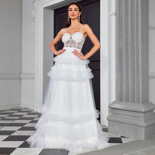 Sexy Sling Dress Tube Top Mesh Slim Fit Evening Dress Maxi Dress Women