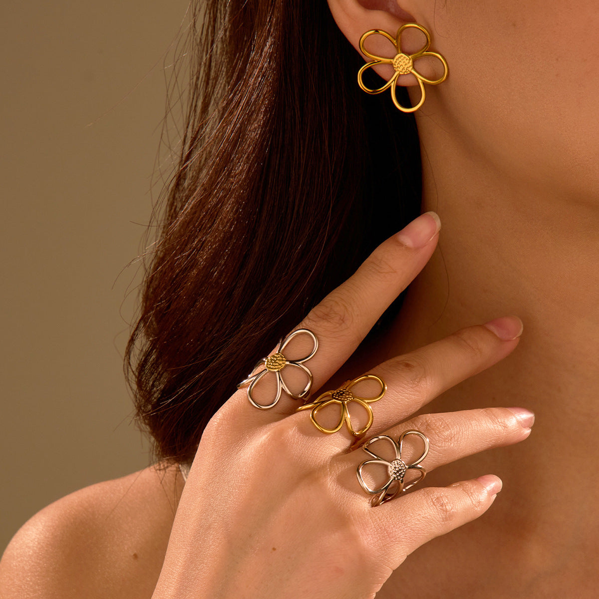 Gold Silver Color Matching Hollow Out Cutout out Floral Titanium Steel Ring Stainless Steel Earrings Mild Luxury Retro Earrings Hand Jewelry - Wanita Store