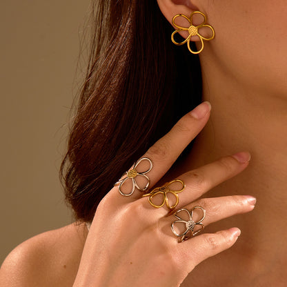 Gold Silver Color Matching Hollow Out Cutout out Floral Titanium Steel Ring Stainless Steel Earrings Mild Luxury Retro Earrings Hand Jewelry - Wanita Store