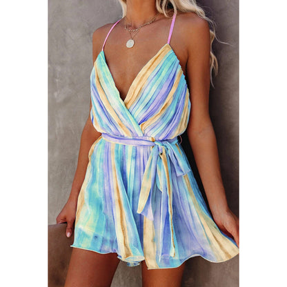 Spring Summer Suspender Pleated Chiffon Dress Home Lace up Sexy V neck Chiffon Dress - Wanita Store