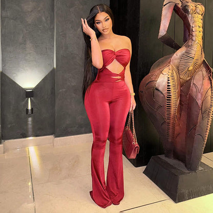 Women Clothing Autumn Solid Color Strapless Sleeveless Slim Hollow Out Cutout Backless Twisted Knot Jumpsuit - Wanita Store