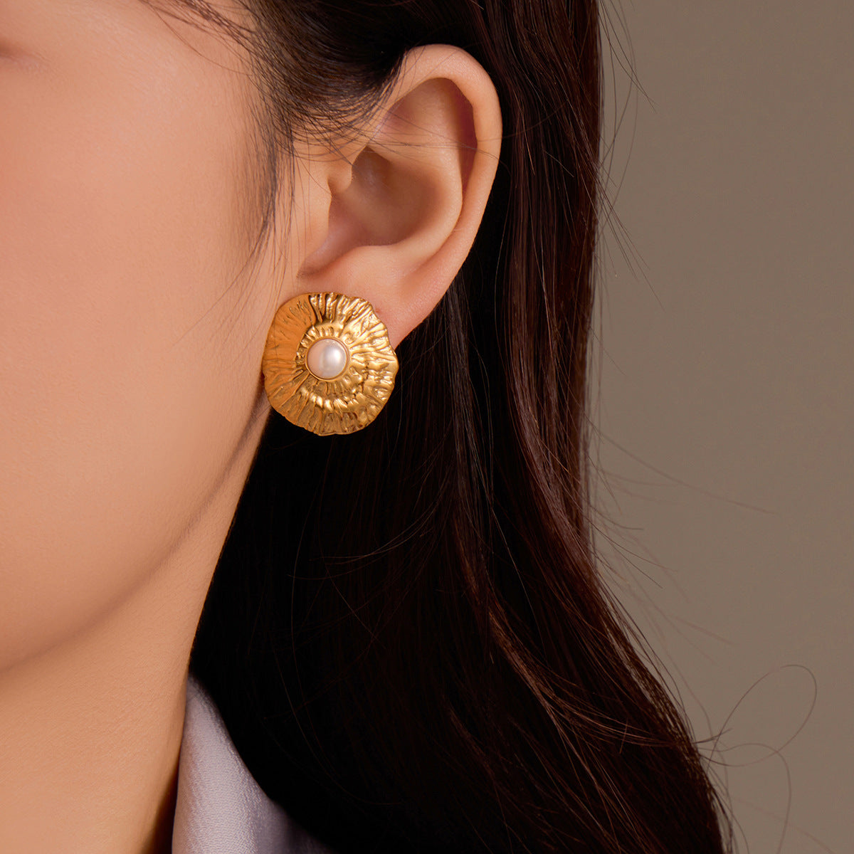 Simple Titanium Steel Geometric Abstract Pleated Pearl Stainless Steel Studs High Grade Delicate Earrings Women - Wanita Store
