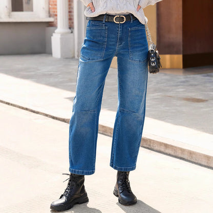 Retro Deconstruction Tooling Patch Pocket Washed Curved High Waist Jeans Women - Wanita Store