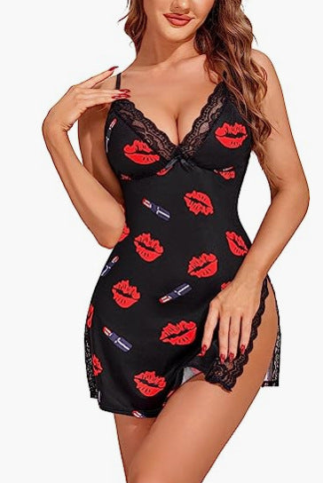 Sexy Lingerie V-neck Sexy Red Lips Printed Split Sling Nightdress Women