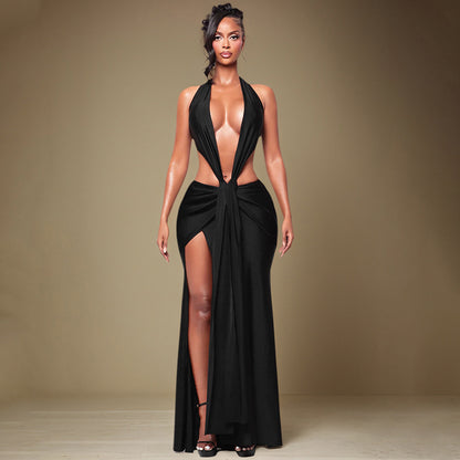 Vestido Maxi de Mujer de Primavera de Color Sólido Cuello Halter Sin Mangas Sexy Sin Espalda Escote Pronunciado con Cinta