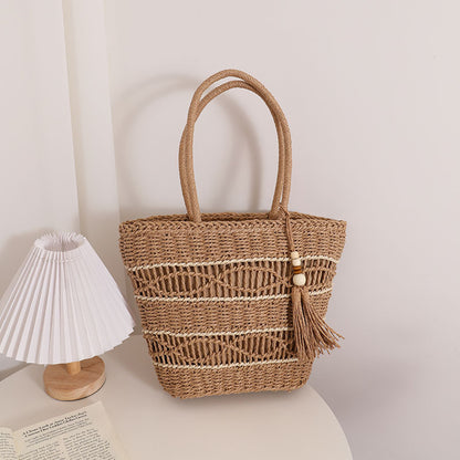 Hollow Out Cutout Shoulder Straw Bag Tassel Portable Straw Bag Woven Bag Vacation Beach Bag Women Bag - Wanita Store
