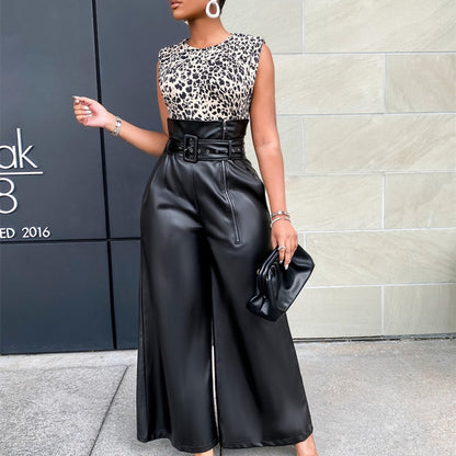 Women Clothing High Waist Pants Faux Leather Pants Nightclub Metal Belt Wide Leg Pants - Wanita Store