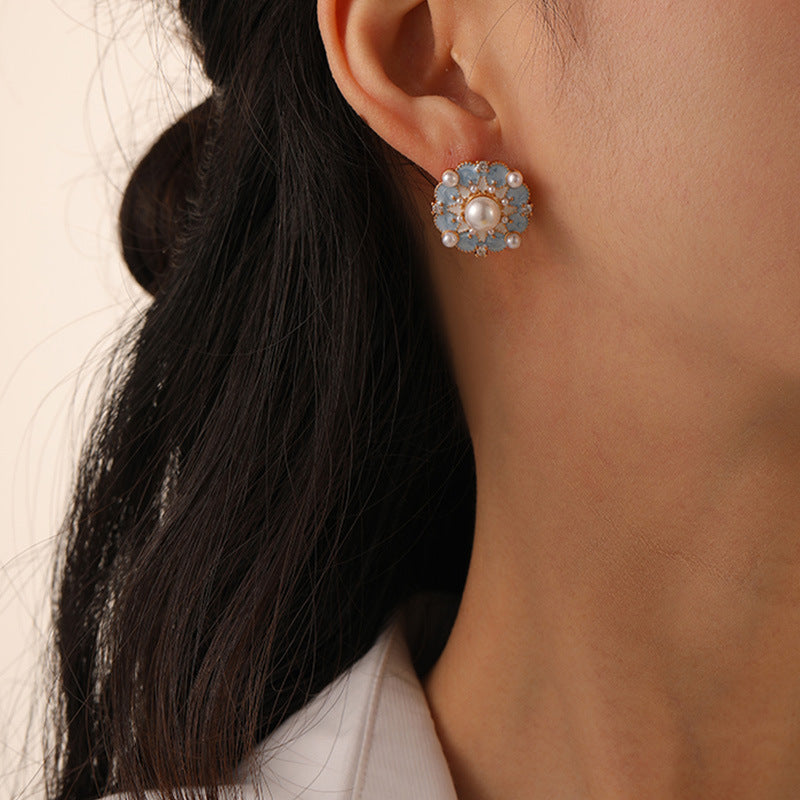 French Blue Color Oil Glaze Floral Stud Earrings Light Luxury High Grade Retro Minority Mid Ancient Pearl Earrings for Women - Wanita Store