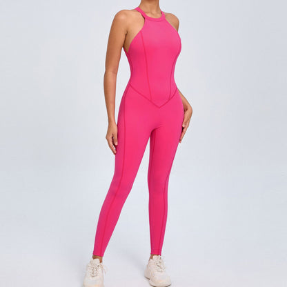 Back Buckle Yoga Jumpsuit Women Peach Hip Backless Sports Quick Drying One Piece Fitness Jumpsuit - Wanita Store