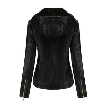 Fall Winter Hooded Leather Coat Women's Detachable Hat Long Sleeve Zipper Fleece-Lined Leather Jacket Slim Coat - Wanita Store