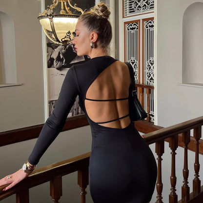 Women Clothing Summer Solid Color round Neck Backless Slim Fit Hip Bag Dress Sexy - Wanita Store