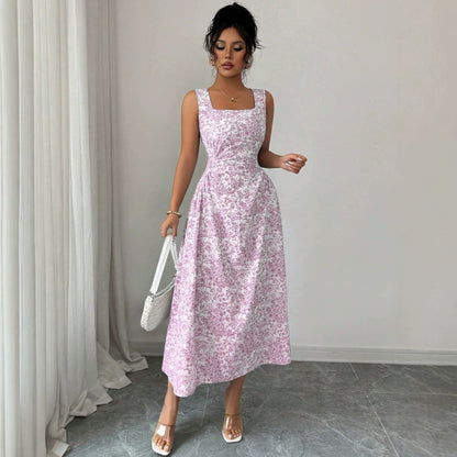 Vestido estampado con cuello cuadrado para verano, entallado, adelgazante, floral, para mujer