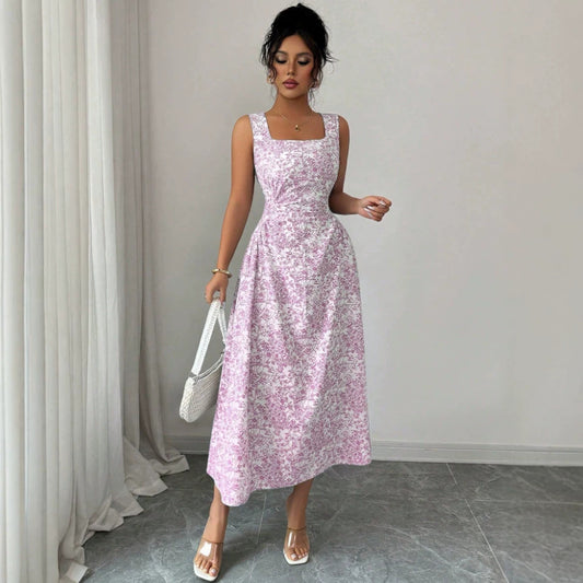 Printed Square Collar Dress Summer Slim Fit Slimming Floral Dress Women Wear