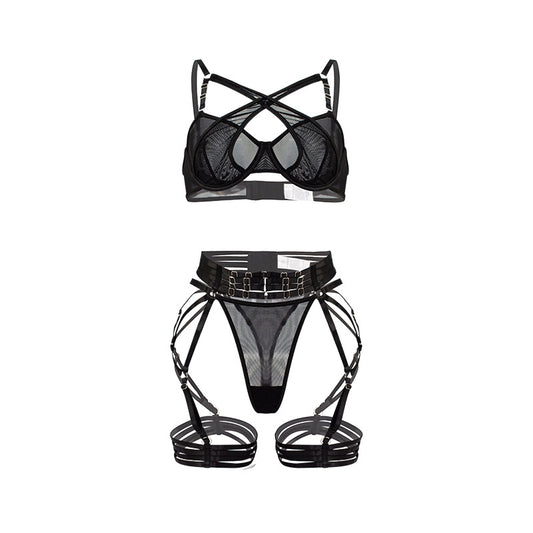 Women Sexy Underwear Push up Bras Mesh See through Sexy Lace up Metal Buckle Three Piece Set