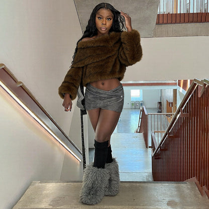 Fall Women Clothing Sexy Exposed Cropped off Shoulder Loose Comfortable Plush Top - Wanita Store