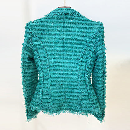 Goods Autumn Winter Star Tassel Fringe Tweed Slim Blazer - Wanita Store