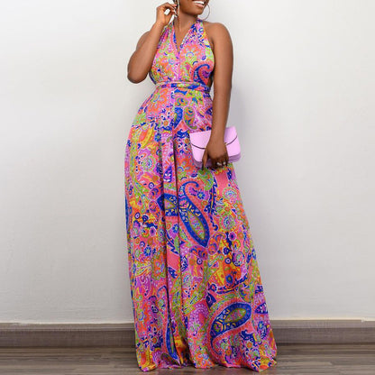 Women Clothing Printed Halter Multi Wear Beach Jumpsuit - Wanita Store