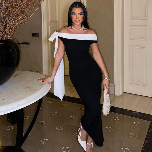 Women Clothing Autumn Winter Fashionable off Shoulder Ribbon Slim Solid Color Dress