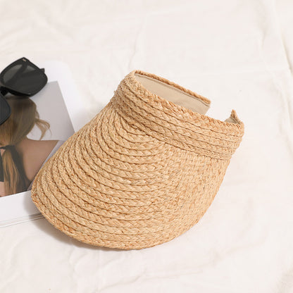 High Grade Raffia Topless Hat Hand Woven Straw Hat Seaside Vacation Beach Sun Hat Girl Cap - Wanita Store