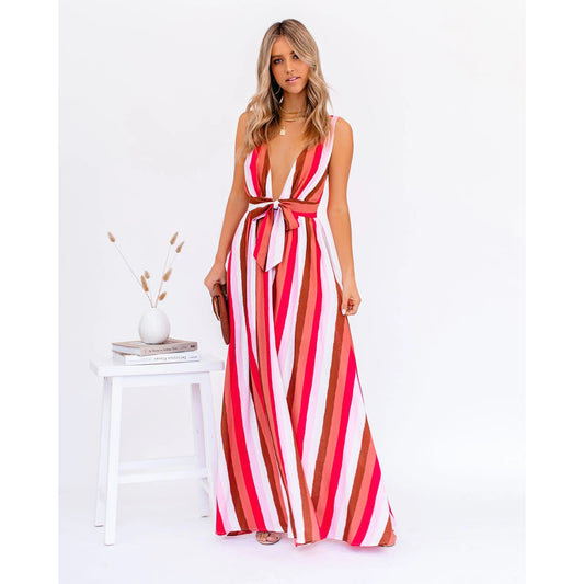 Sexy Strap Deep V Plunge Striped Casual Dress Home Loose Lace up Large Swing