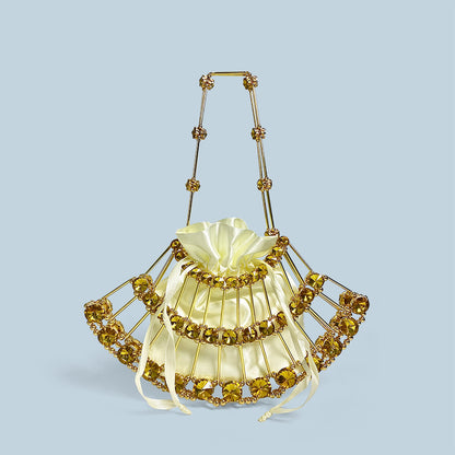 Gold Diamond Decorations Metal Woven Hollowed Women Mini Hand Handle Cocktail Bag - Wanita Store