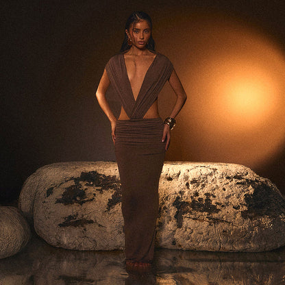 Robe longue d'été décontractée moulante sans manches dos nu de couleur unie pour femme