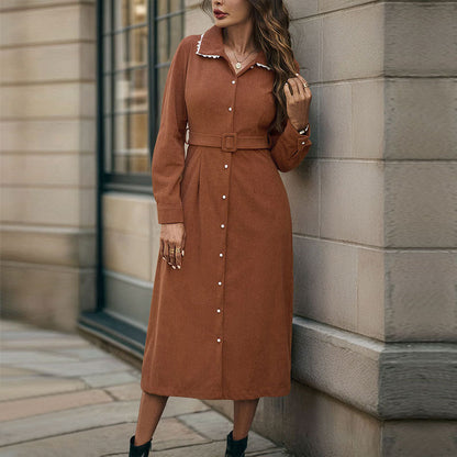 Casual Elegant Retro Lace Collared Shirt Corduroy Dress - Wanita Store