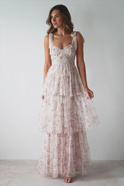 Middle East Sexy Sling Backless Cake Pink Floral Dress