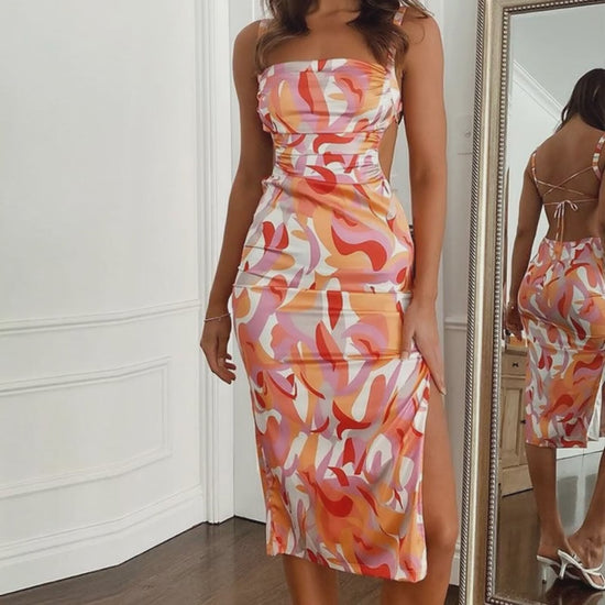 Women Clothing Summer Printing Backless Lace up Slim Strap Dress