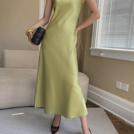 Chic Chinese Ribbon Design French Satin Glossy Drape Dress